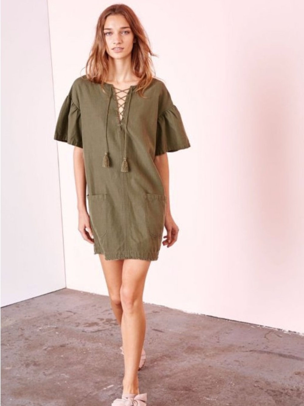 Ulla Johnson Marcelle Dress Size 2 Olive Linen Blend Lace Up Boho Mini